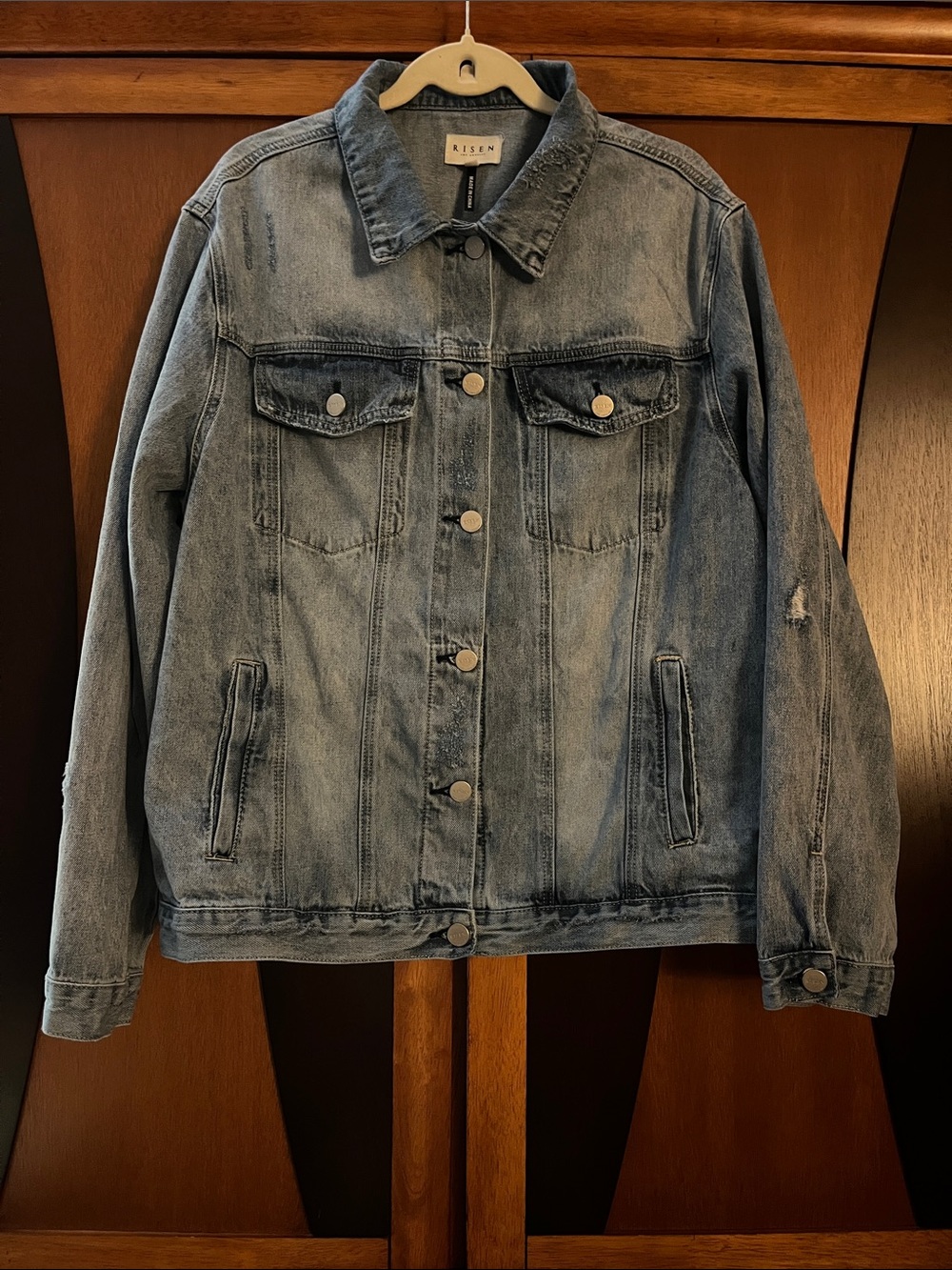Risen Washed Blue Denim Jean Jacket w/Mild Distressing & Silvertone Buttons